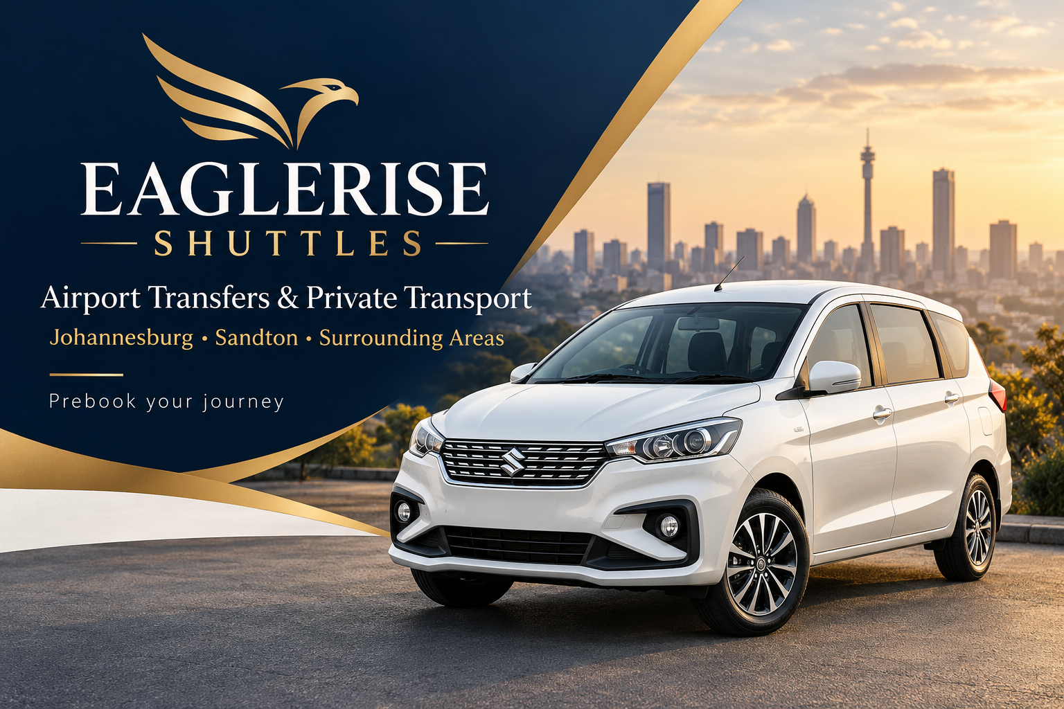 EagleRise Shuttles promotional artwork featuring a white Suzuki Ertiga and Johannesburg skyline